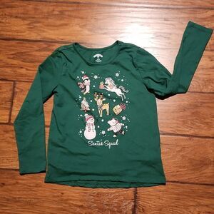 5/$15 Holiday Time green long sleeve "Santa's Squad" girls Large (10-12)